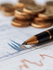 Financial analysis document with coins and pen