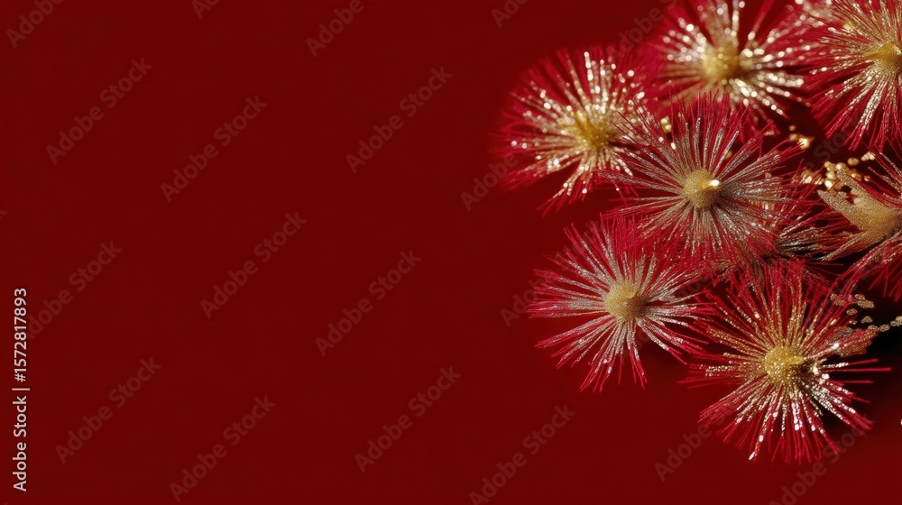 Poster bright red fireworks burst against a solid red background, creating a vibrant and festive display.