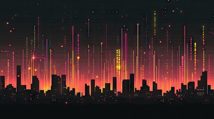 Futuristic city skyline at night with vibrant digital light trails