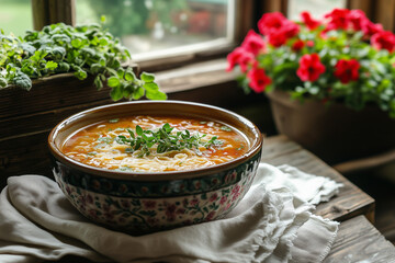 Traditional Rosół soup in floral bowl on rustic windowsill