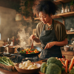 Woman preparing vegetable stir fry in cozy kitchen