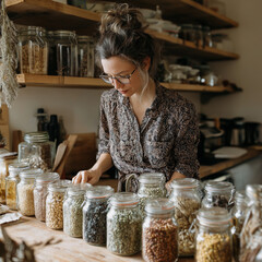 Woman sorting grains in reusable jars in rustic pantry