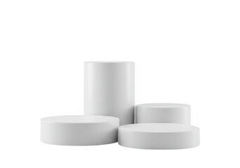 A set of white cylindrical podiums of varying heights, perfect for product presentation isolated on transparent background