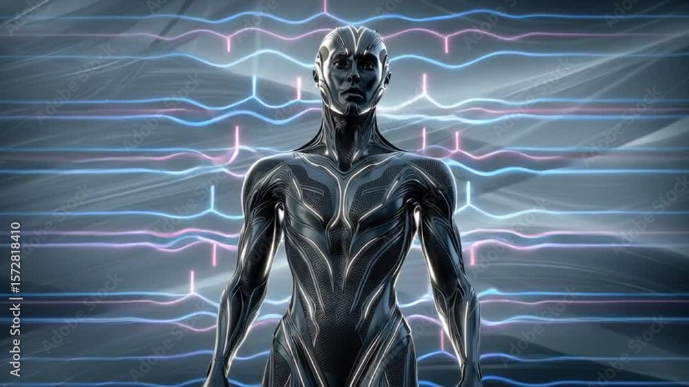 Poster futuristic humanoid figure in dynamic abstract background generative ai