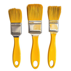Three yellow handle paint brushes with metal ferrule and bristles isolated on transparent background