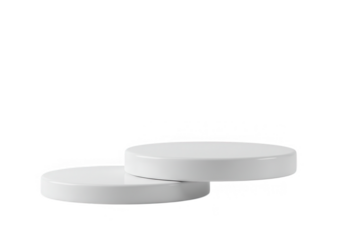 Two white round platforms are stacked to create a modern product display stage isolated on transparent background