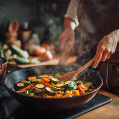 Woman preparing vegetable stir fry 