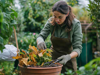 Woman gardening with gloves and apron in green backyard