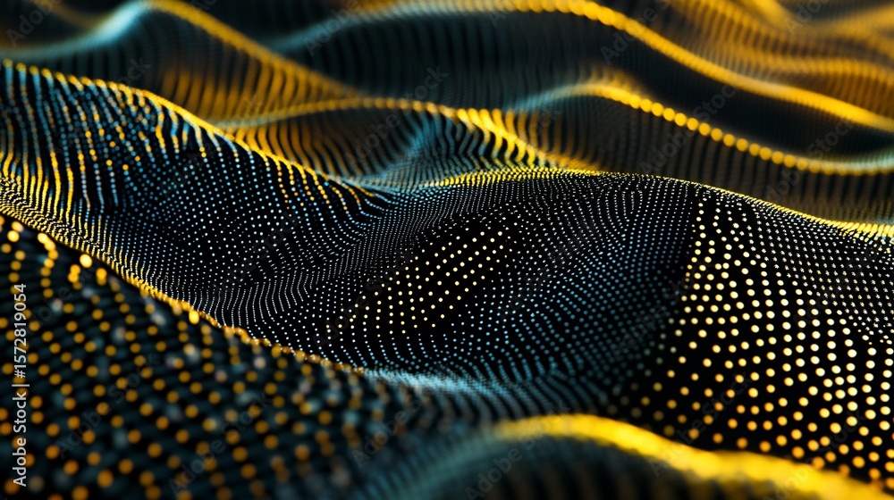 Poster a mesmerizing wave of vibrant dots flows smoothly across a dark gradient background surface