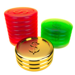 stack of gold red and green coins	