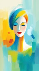 Abstract portrait of a woman in peaceful contemplation or worship. A modern Christian illustration representing faith, grace, and inner serenity with vibrant, colorful style.