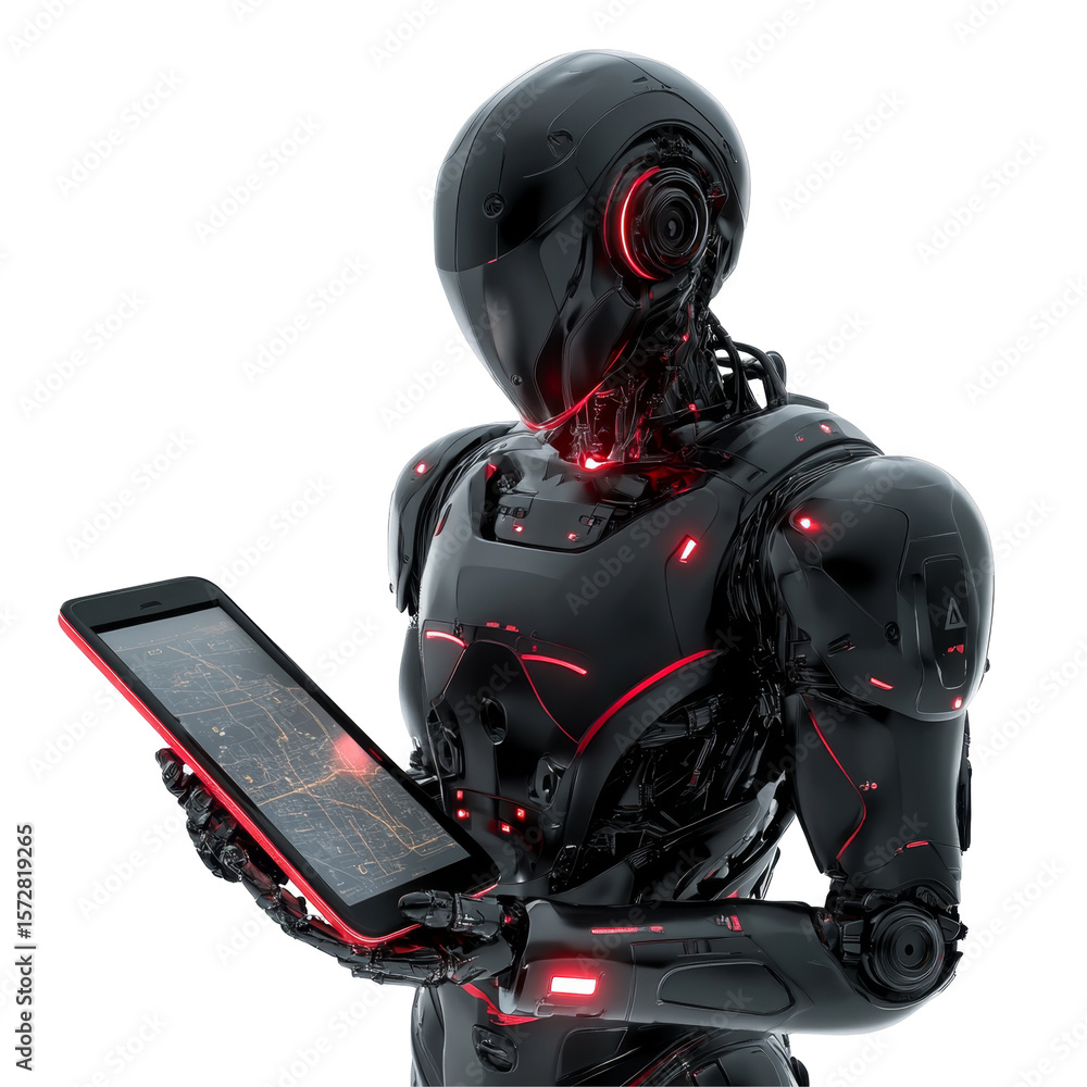 Poster advanced robot holding tablet with futuristic technology and digital features