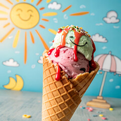 Playful ice cream cone with smiling face, sprinkles, and summer cartoon background.
