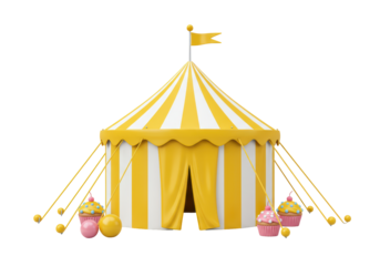 Isolated Yellow and White Striped Circus Tent with Cupcakes