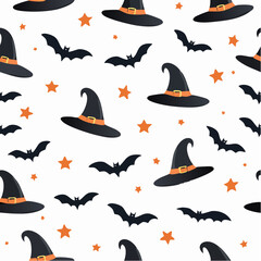 Seamless vector pattern with black witch hat and bat decorated with stars. Halloween background with magic elements. Spooky doodle texture for design and ...