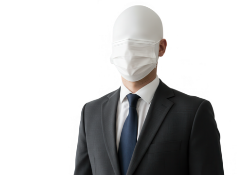A faceless businessman in a suit and mask represents anonymity and protection isolated on transparent background