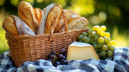 Picnic Basket with Bread Cheese and Grapes on Plaid Blanket Outdoor Still Life