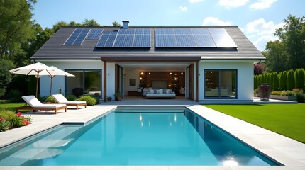 swimming pool in hotel resort. Stylish pool villa with solar panels on the roof. Luxury vacation in a stylish pool villa.