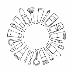 Doodle beauty make up collection. Set of hand drawn cosmetics elements. Brush, nail polish, foundation, perfume, eye shadow, mascara, mirror, cream, lipstick. Outline vector ...