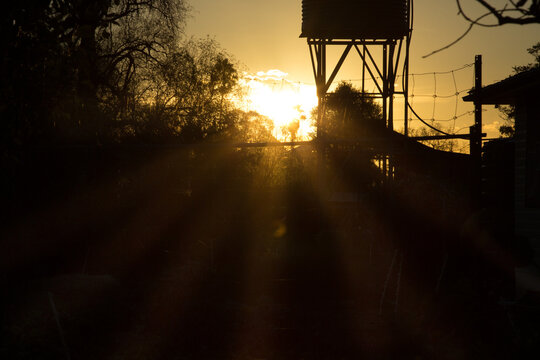 Silhouette of a rain water tank on a stand