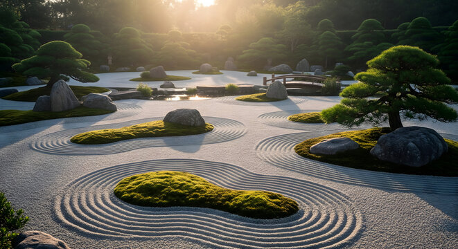 A meticulously raked Zen garden featuring patterned gravel, various rocks, and patches of green moss, bathed in soft sunlight - Powered by Adobe