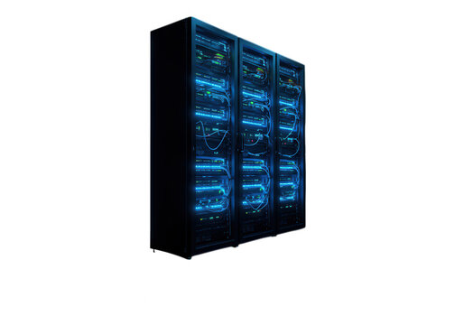A row of illuminated server racks glows with blue light, representing the heart of data storage and processing isolated on transparent background