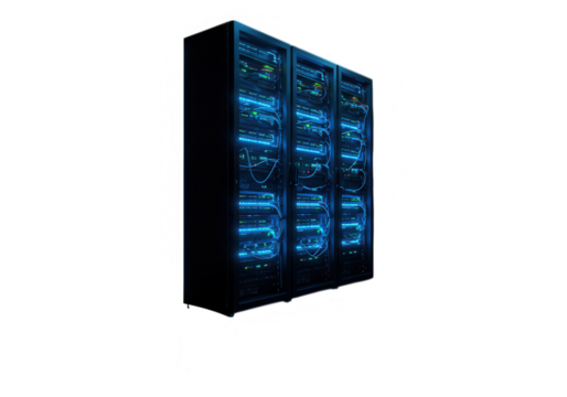 A row of illuminated server racks glows with blue light, representing the heart of data storage and processing isolated on transparent background