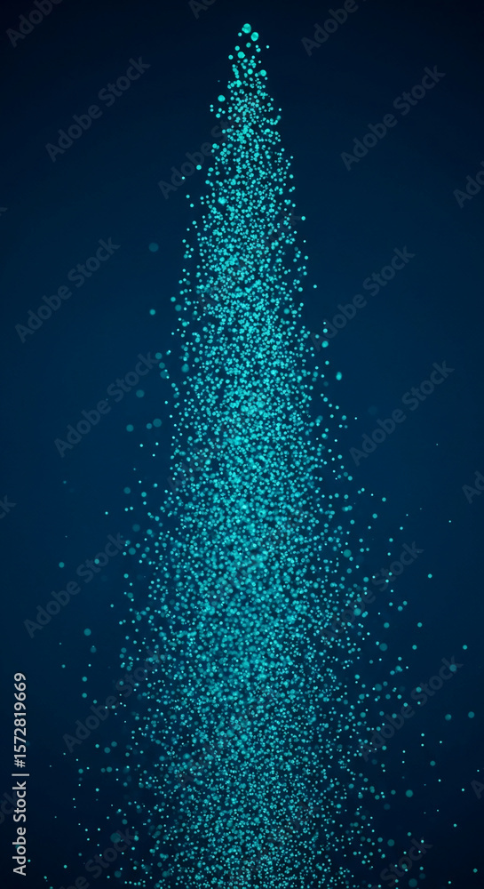 Poster abstract image of teal particles ascending, creating a vertical stream of light against a dark-blue 