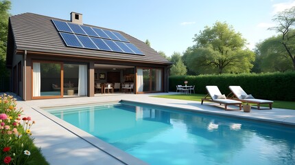 Private house with panoramic windows and swimming pool near the house. Solar panels installed on the roof of a private expensive house.