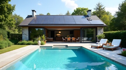 Investment in buying a property away from the big city. Expensive villa house with pool on the grounds and solar panels on the roof. Energy independent house.
