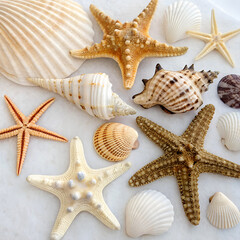 Variety of starfish and seashells on white background, perfect for summer, beach, and decor themes.