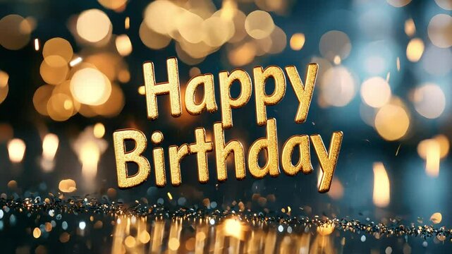 Colorful birthday greeting with golden text and shimmering bokeh lights creating a festive atmosphere for celebration and joy