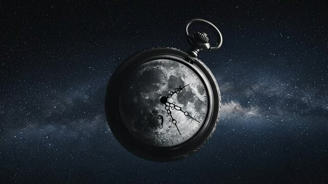 A vintage pocket watch floating in space, featuring a detailed moon face against a starry background