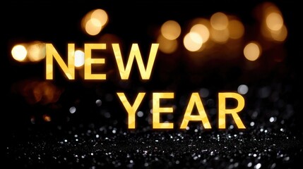 Close-up of a shiny golden New Year sign on a solid black background, ideal for festive designs.