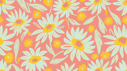 Floral pattern with large daisies and smaller flowers on a salmon colored background design element