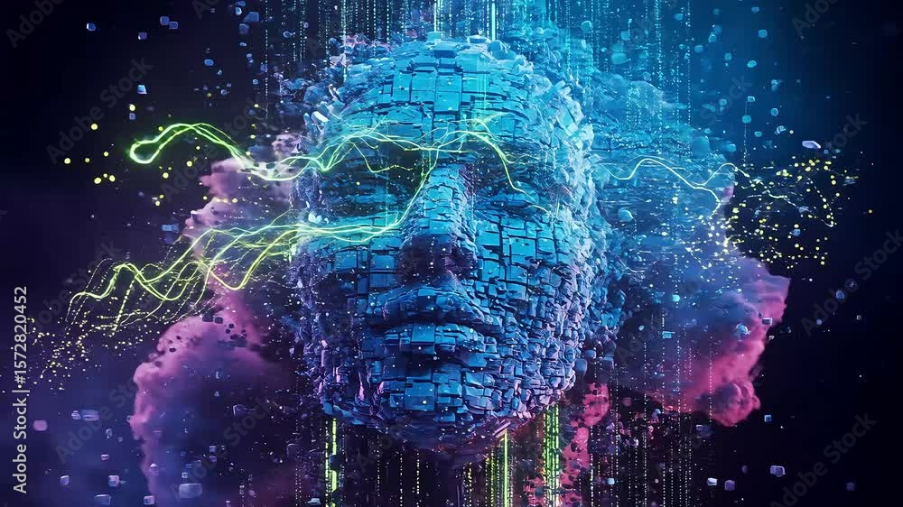 Poster abstract digital representation of a human face surrounded by vibrant colors and patterns