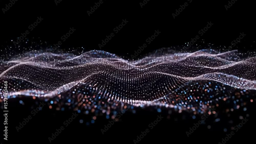 Poster abstract digital wave pattern with glowing particles flowing in a dark background