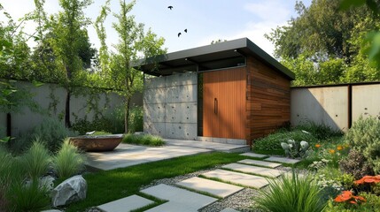 Modern garden shed with wooden door