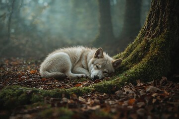 Obraz premium A light colored wolf curled up asleep at the base of a tree in a foggy forest setting outdoors