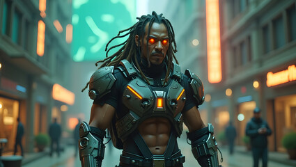 Cyberpunk Augmented Reality Soldier:  Powerful, Intense, Futuristic Cityscape Background.