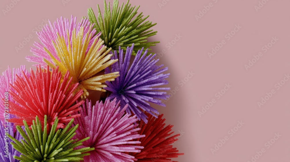 Poster vibrant paper flowers in assorted colors arranged neatly on a soft pink background surface.