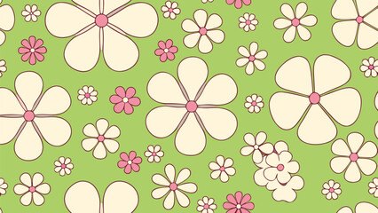 Retro floral pattern with white and pink flowers on a light green background repeating seamlessly design