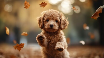 Poodle puppy playing with autumn leaves in a park