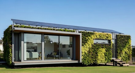 Fototapeta premium A modern ecofriendly house with solar panels and a green wall stands on a lush green lawn