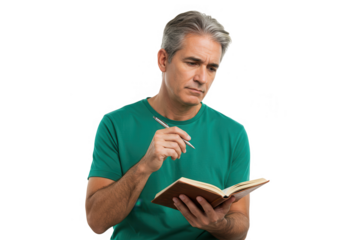 A casual man with gray hair is holding a notebook and pen while thinking deeply isolated on transparent background