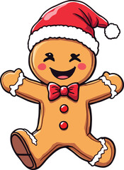 Festive Gingerbread Man – Vector Illustration of Smiling Cookie with Santa Hat, Bow Tie, and Icing Details