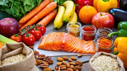 Healthy food assortment with salmon fruits vegetables grains nuts and spices