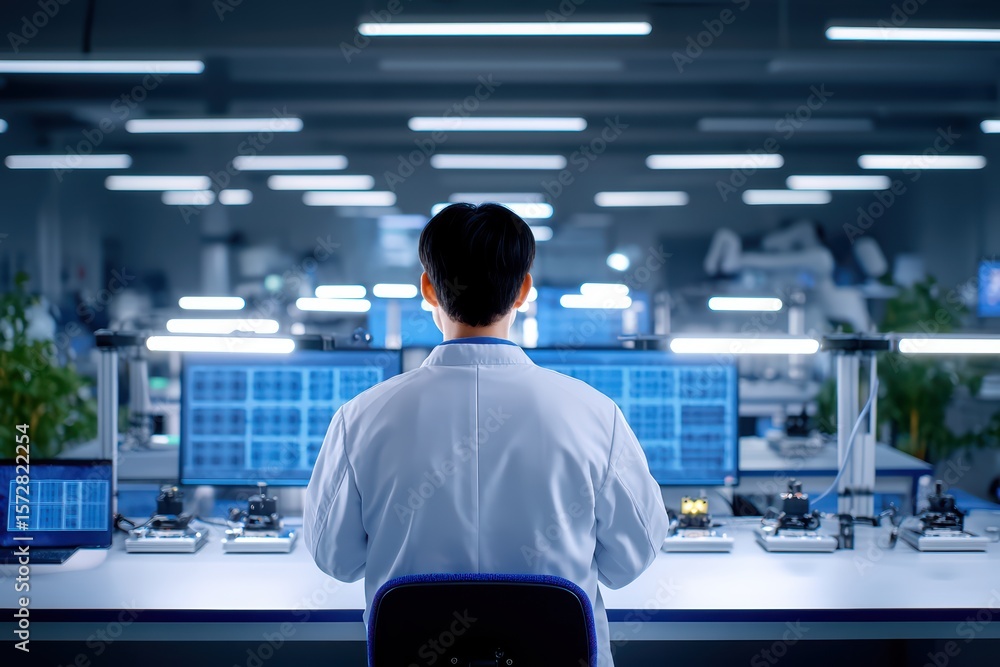 Poster scientist in laboratory working at computer with high-tech equipment and monitors for research and d