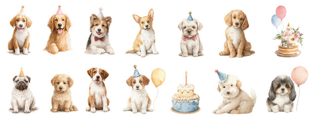 Big set of funny birthday dogs, vector, watercolor illustrations. Vector clip art elements, ready to print. Perfect for banners, decoration, patterns, stickers, invitation, card, wallpapers, textile