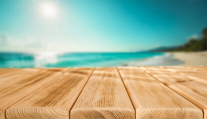 Empty rustic wooden table with copy space on sandy beach and sea and sky background. The image...